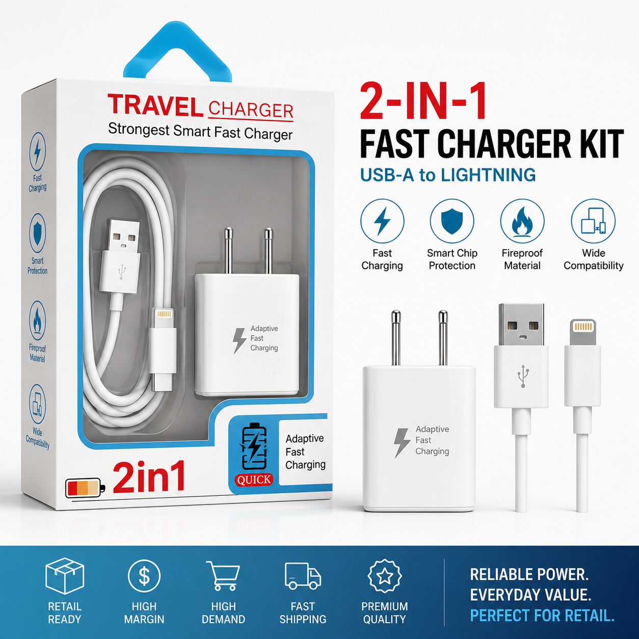 USB-A to Lightning Wall Charger & Cable Kit – Retail Ready | Wholesale